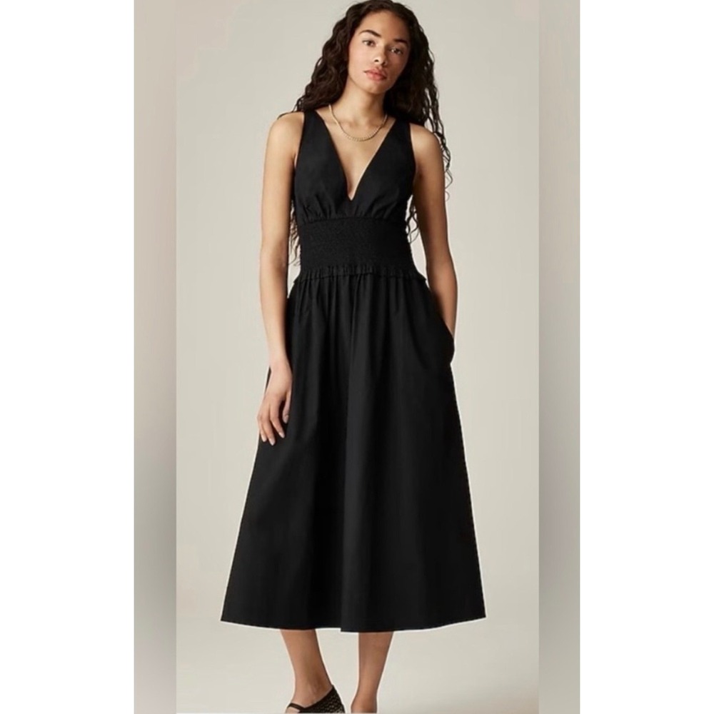 NEW J.Crew Plunge Smocked-Waist Dress Cotton Poplin Black Womens Medium - Picture 1 of 12